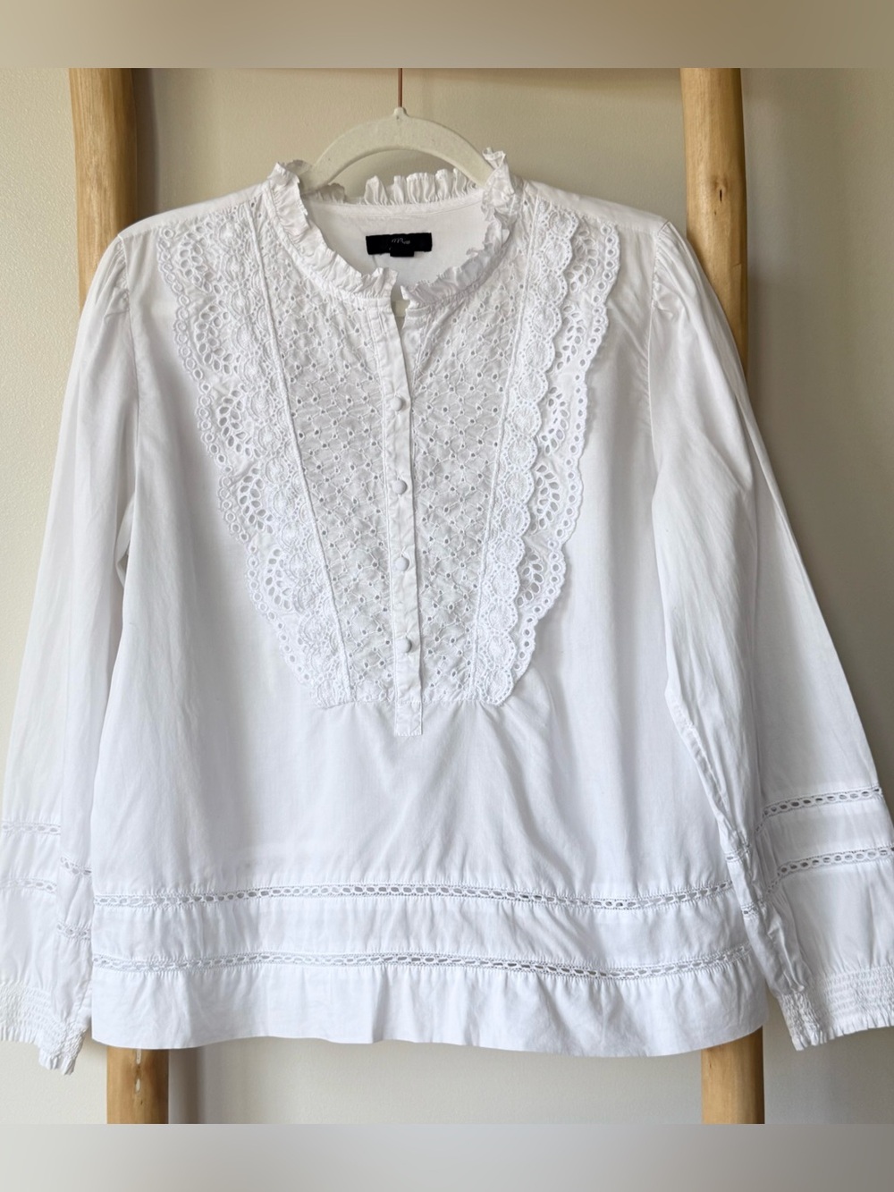 J. Crew White Ruffle Collar Eyelet Lightweight Cotton Long Sleeve Blouse Top 10 - Picture 6 of 14